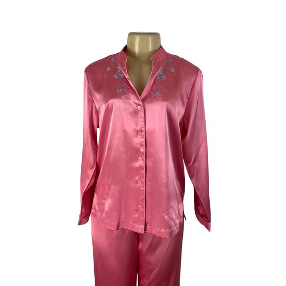 Morgan Taylor Luxurious Pink Satin Floral Embroidered Pajama Set Sz L - New - Picture 7 of 16